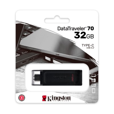 Memoria Flash USB Kingston DataTraveler 70, 32GB, USB-C, presentación en colgador.