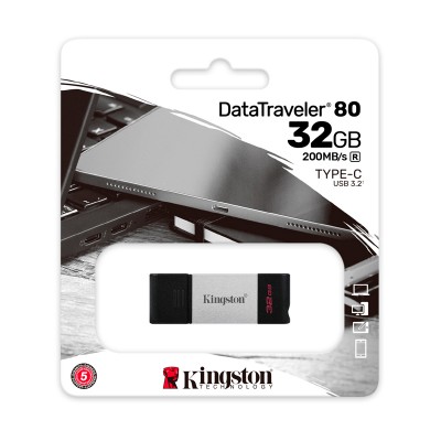 Memoria Flash USB Kingston DataTraveler 80, 32GB, USB-C, 200 MB/s, presentación en colgador.