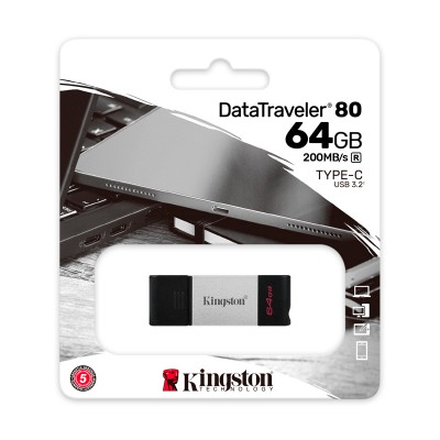 Memoria Flash USB Kingston DataTraveler 80, 64GB, USB-C, 200 MB/s, presentación en colgador.