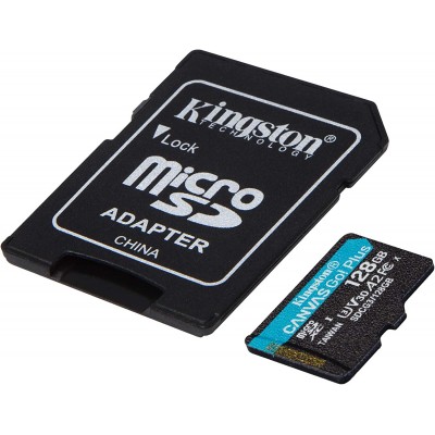 Memoria MicroSD Kingston Canvas GO PLUS, 128GB, UHS-I, U3, V30, A2, con Adaptador SD, 170MB/s