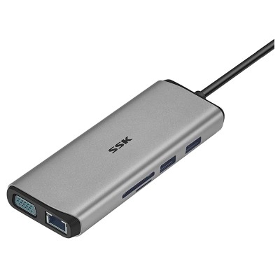 Hub SSK 11-en-1, USB-C a 2 x HDMI, VGA, USB 2.0, 2 x USB 3.0, PD 3.0,  SD / TF Card Reader, 3.5mm, RJ45