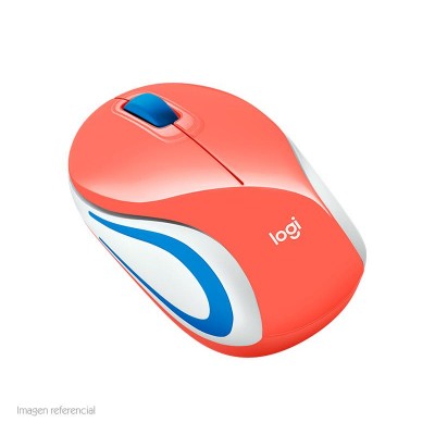 Mini Mouse inalámbrico Logitech M187, 1 000 dpi, 3 botones, Coral, receptor USB, 2.4 GHz.
