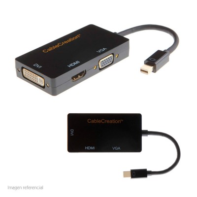 Adaptador Cable Creation 3 en 1, Mini DP a HDMI, DVI, VGA, Negro.
