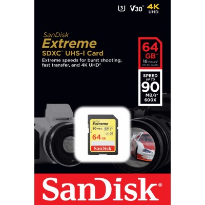 Memoria Sandisk Sd Extreme 64Gb 90 MB/S SDHC UHS-I CARD, U3, 4K UHD